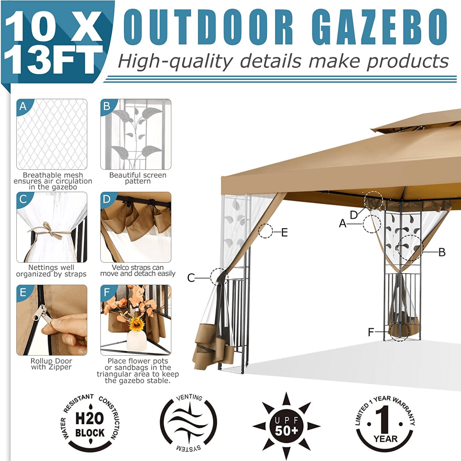 COBIZI 10x13 Outdoor Gazebo with Leaf Screen Steel Frame and Mosquito Netting - COBIZI