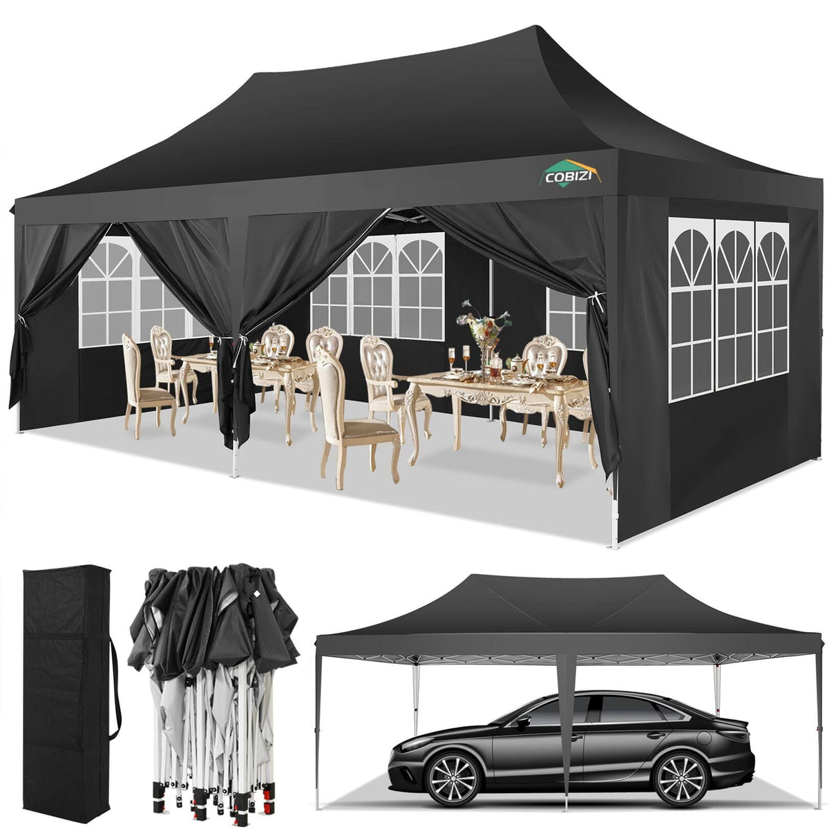 COBIZI 10x20 Pop Up Canopy Tent with 6 Removable Sidewalls, Easy Up Commercial Canopy, Adjustable Heights, Waterproof and UV50+ Gazebo with Portable Bag, Party Tents for Parties, Black