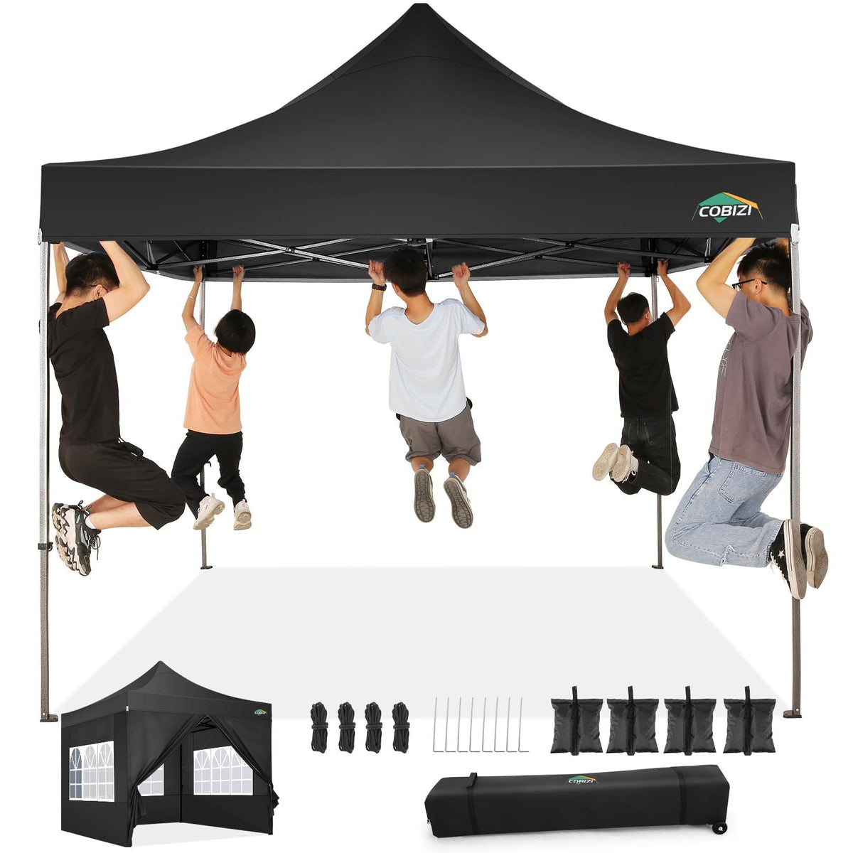 COBIZI 10x10 Pop Up Canopy Tent with 4 sidewalls Commercial Heavy Duty Canopy UPF 50+ All Weather Waterproof Outdoor Canopy Wedding Tents for Parties Gazebo with Roller Bag, Black (Windproof Upgraded)