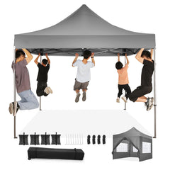 YUEBO 10'x10' Pop up Canopy Instant Commercial Canopy Including 4 Removable Sidewall, 4 Ropes, 8 Stakes, 4 Weight Bags, with Roller Bag, Grey Gray