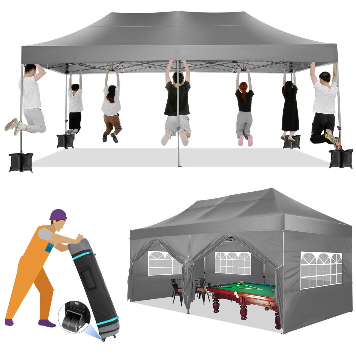 YUEBO Pop Up Canopy 10x20 pop up Canopy Tent Folding Protable Ez up Canopies Party Tent Sun Shade Wedding Instant Better Air Circulation Outdoor Gazebos with Backpack Bag - Gray Grey