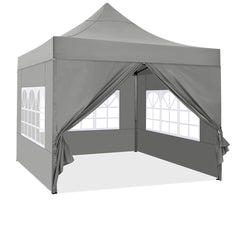 YUEBO 10'x10' Pop up Canopy Instant Commercial Canopy Including 4 Removable Sidewall, 4 Ropes, 8 Stakes, 4 Weight Bags, with Roller Bag, Grey Gray