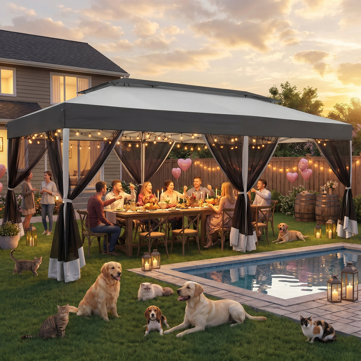 10x20 Pop Up Canopy with Mosquito Netting Sidewalls, One Push Easy Up Gazebo with Dual Vent Roof, Waterproof&UV 50+ Screen Tents for Parties, Backyard, Patio, Commercial Event