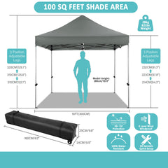 YUEBO 10'x10' Pop up Canopy Instant Commercial Canopy Including 4 Removable Sidewall, 4 Ropes, 8 Stakes, 4 Weight Bags, with Roller Bag, Grey Gray