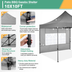 COBIZI 10x10 Pop Up Canopy Tent with 4 sidewalls Commercial Heavy Duty Canopy UPF 50+ Waterproof Outdoor Canopy Wedding Tents for Parties Gazebo with Roller Bag, Grey Gray (Windproof Upgraded)