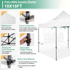 COBIZI 10x10 Pop Up Canopy Tent with 4 sidewalls Commercial Heavy Duty Canopy UPF 50+ All Weather Waterproof Outdoor Canopy Wedding Tents for Parties Gazebo with Roller Bag, White (Windproof Upgraded)