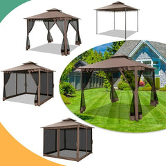 HOTEEL Outdoor Gazebo,10'x10'Canopy with Mosquito Netting,Shade Tent for Party, Backyard, Patio Lawn & Garden,Brown