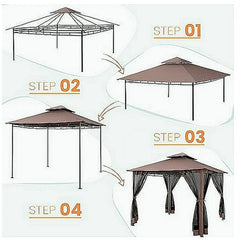 COBIZI 10x10 Gazebos for Patios, Canopy Tent Outdoor Canopy Backyard Gazebo Patio Tent Canopy with Mosquito Netting and Double Roof for Party, Wedding, BBQ and Event, Brown