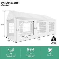 COBIZI 10' x 20' party tent, suitable for wedding parties, outdoor events, gazebos, shelter awnings, with removable side wall windows