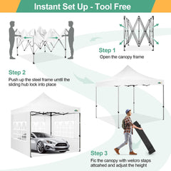 COBIZI 10x10 Pop Up Canopy Tent with 4 sidewalls Commercial Heavy Duty Canopy UPF 50+ All Weather Waterproof Outdoor Canopy Wedding Tents for Parties Gazebo with Roller Bag, White (Windproof Upgraded)