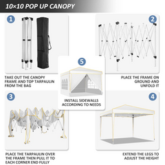 YUEBO 10 x 10ft Heavy Duty Folding Tent Easy Set-up Straight Leg Canopy Portable Gazebo Outdoor Camping Party Instant Shelter with Wheeled Carry Bag, White