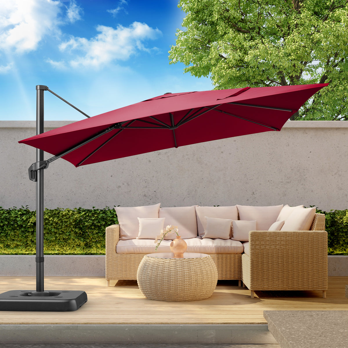 Hoteel 10 Ft Patio Umbrella Outdoor Cantilever Square Umbrella Aluminum Offset Umbrella with Base, 360° Rotation，Burgundy