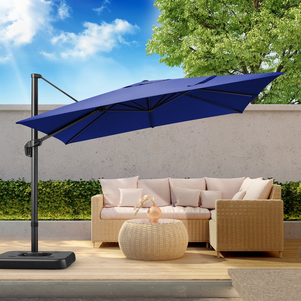 10'x10' Cantilever Umbrella Square Outdoor Patio Umbrella Large Offset Hanging Umbrella Aluminum Umbrella with Base, 360° Rotation, Blue