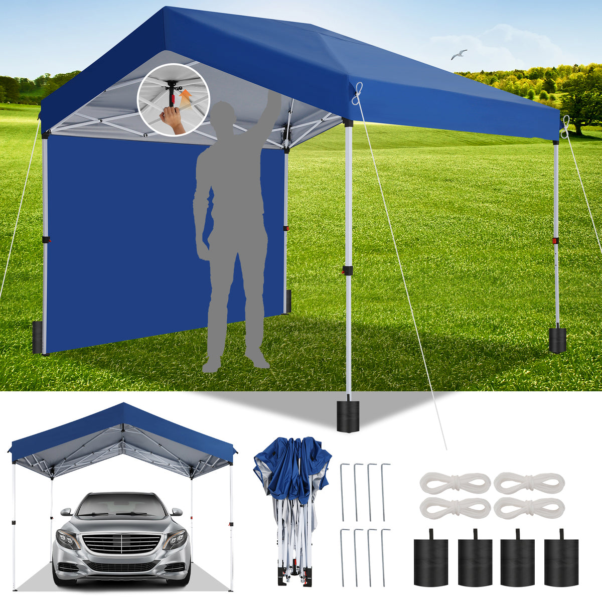 Hoteel 10x10 Carport Canopy Tent with 1 Sidewall, 3 Adjustable Height Portable Garage, Instant Outdoor Carports with 8 Stakes, 4 Sandbags & Ropes for Motorcycle, Garden Tool, Commercial, Dark Blue