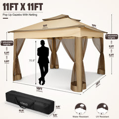 HOTEEL 11'x 11' Pop up Gazebo with 4 Mosquito Netting, Outdoor Canopy Tent with Double Roof Tops and 121 Square ft of Shade for Patio, Garden, Camping Shelter, Khaki