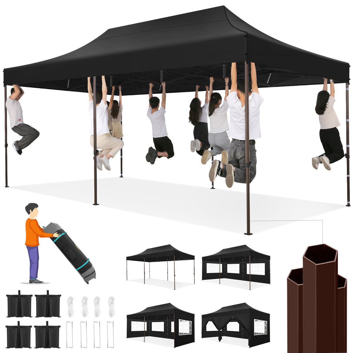 COBIZI 10'x20' Heavy Duty Canopy with Sidewalls, Ez Pop up Canopies, Folding Protable Party Tent, Outdoor Sun Shade Wedding Gazebos with Roller Bag,Black