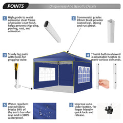 COBIZI Pop up Canopy Tent 10x10 Commercial Instant Canopy with 4 Sidewalls & Carry Bag 4 Stakes & Ropes & Sandbags Portable Tent for Parties Beach Camping Party Event Shelter Sun Shade