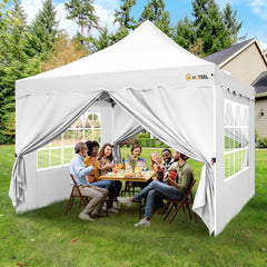 HOTEEL 10x10 Pop Up Canopy , UPF 50+ Easy Setup Canopy Tent Waterproof Outdoor Instant Portable Shelter with 4 Removable Sidewalls, Sandbags, Stakes & Ropes for Party, Events, Vendor, White