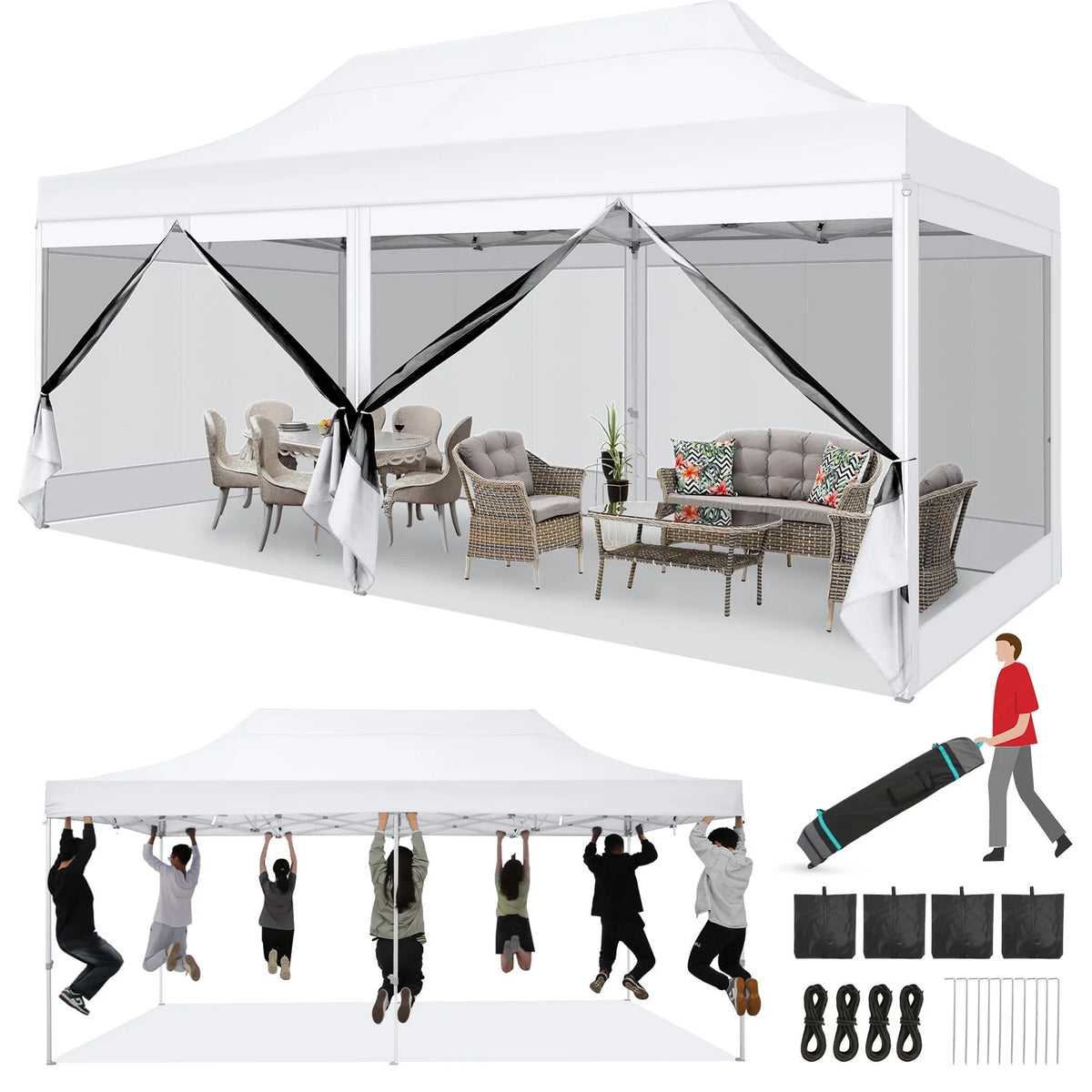 HOTEEL 10x15 Heavy Duty Canopy Tent, Pop up Canopies with Netting Screened ,Waterproof Ez up Canopy with Sidewalls, Outdoor Instant Party Tent for Backyard,Haze Gray