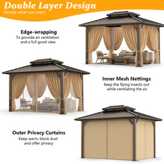 HOTEEL 10' X 12' Hardtop Gazebo Heavy Duty Outdoor Gazebo with Galvanized Steel Double Roof, Flame-Retardant Curtains and Netting, Permanent Gazebo for Patio, Lawn and Backyard, Brown
