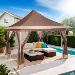 HOTEEL 12x12 Outdoor Waterproof Gazebo, Pop Up Canopy Tent with Adjustable Height, UV Protection & Mosquito Net, Ideal for Parties, Camping, Weddings, and Backyard Events,Brown