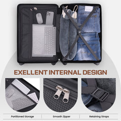 Hoteel 3 Piece Luggage Set,ABS+PC Hardside Suitcase with TSA Lock Spinner Wheels,5 PCS Carry On Travel Luggage with Duffel Bag and Toiletry Bag.(Black)