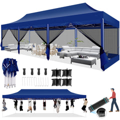 COBIZI 10'x30' Heavy Duty Canopy Tent, Pop up Gazebo with Netting Screened ,Waterproof Ez up Canopy with Sidewalls, Outdoor Instant Party Tent for Backyard,Dark Blue