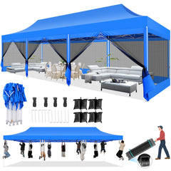 COBIZI 10'x30' Heavy Duty Canopy Tent, Pop up Gazebo with Netting Screened ,Waterproof Ez up Canopy with Sidewalls, Outdoor Instant Party Tent for Backyard,Dark Blue