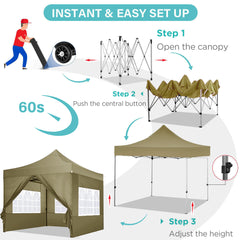 COBIZI 10x10 Pop Up Canopy Tent with 4 sidewalls Commercial Heavy Duty Canopy UPF 50+ All Weather Waterproof Outdoor Canopy Wedding Tents for Parties Gazebo with Roller Bag, Khaki (Windproof Upgraded)