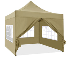 COBIZI 10x10 Pop Up Canopy Tent with 4 sidewalls Commercial Heavy Duty Canopy UPF 50+ All Weather Waterproof Outdoor Canopy Wedding Tents for Parties Gazebo with Roller Bag, Khaki (Windproof Upgraded)