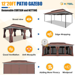 Hoteel 12'x20' Heavy Duty Canopy Gazebo, Home Outdoor Waterproof Large Party Tent & Shelter with Double Roofs, Mosquito Nettings and Privacy Screens for Backyard, Garden, Lawn, Smoke, Brown