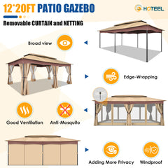 COBIZI Outdoor Gazebo 12x20 Patio Gazebo with Netting and Curtains Waterproof Gazebo with Double Roof Large Backyard Gazebo with Metal Steel Frame for Deck, Backyard, Lawn, Party, Garden, Khaki