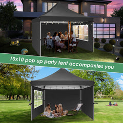 Hoteel 10x10 Pop Up Canopy Tent with 3 Sidewalls, Commercial Party Tent Ez Waterproof Outdoor Instant Gazebo UV 50+ Event Shelter, Garden Tents for Parties Camping with Sandbags & Cover Bag