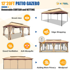 HOTEEL 12X20 Heavy Duty Outdoor Patio Gazebo with Mosquito Netting and Curtains, Canopy Tent Deck Gazebo with Double Roofs and Metal Steel Frame for Party, Backyard, Deck, Garden, Khaki