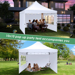 Hoteel 10x10 Pop Up Canopy Tent with 3 Sidewalls, Commercial Party Tent Ez Waterproof Outdoor Instant Gazebo UV 50+ Event Shelter, Garden Tents for Parties Camping with Sandbags & Cover Bag