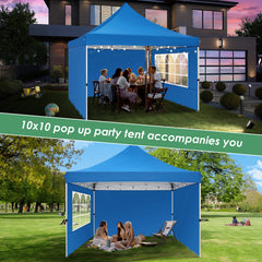 Hoteel 10x10 Pop Up Canopy Tent with 3 Sidewalls, Commercial Party Tent Ez Waterproof Outdoor Instant Gazebo UV 50+ Event Shelter, Garden Tents for Parties Camping with Sandbags & Cover Bag