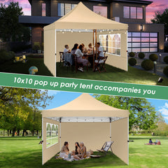 Hoteel 10x10 Pop Up Canopy Tent with 3 Sidewalls, Commercial Party Tent Ez Waterproof Outdoor Instant Gazebo UV 50+ Event Shelter, Garden Tents for Parties Camping with Sandbags & Cover Bag