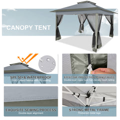 HOTEEL 12x12 Pop Up Gazebo Canopy Tent, Outdoor Waterproof Portable Gazebo With Mosquito Nettings, Double Vented Roof, 3 Adjustable Height and Carry Bag for Patio Garden Lawn,Gray