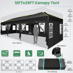 HOTEEL 10x30 EZ Pop Up Canopy, One Push Setup Glow Party Tent for Commercial, Waterproof UPF50+ Wedding Tent with Wheeled Bag & Air Vent