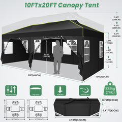 HOTEEL 10x20 Pop up Canopy Tent with 6 Sidewalls, Canopy for Outside Instant Waterproof Party Canopy Tent for Beach Garden Party Camping Outside with Air Vent,Reflective Strip,4 Sandbags