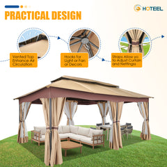 HOTEEL 12'x20' Heavy Duty Canopy Gazebo, Home Outdoor Waterproof Large Party Tent & Shelter with Double Roofs, Mosquito Nettings and Privacy Screens for Backyard, Garden, Lawn, Smoke, Khaki