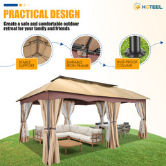 HOTEEL 12X20 Heavy Duty Outdoor Patio Gazebo with Mosquito Netting and Curtains, Canopy Tent Deck Gazebo with Double Roofs and Metal Steel Frame for Party, Backyard, Deck, Garden, Khaki