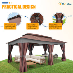 Hoteel 12'x20' Heavy Duty Canopy Gazebo, Home Outdoor Waterproof Large Party Tent & Shelter with Double Roofs, Mosquito Nettings and Privacy Screens for Backyard, Garden, Lawn, Smoke, Brown