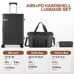Hoteel 3 Piece Luggage Set,ABS+PC Hardside Suitcase with TSA Lock Spinner Wheels,5 PCS Carry On Travel Luggage with Duffel Bag and Toiletry Bag.(Black)