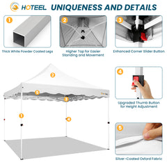 HOTEEL 10x10 Pop Up Canopy , UPF 50+ Easy Setup Canopy Tent Waterproof Outdoor Instant Portable Shelter with 4 Removable Sidewalls, Sandbags, Stakes & Ropes for Party, Events, Vendor, White