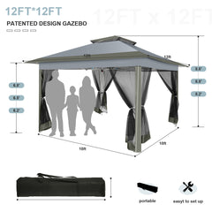 HOTEEL 13x13 Pop Up Gazebo Canopy Tent, Outdoor Waterproof Portable Gazebo With Mosquito Nettings, Double Vented Roof, 3 Adjustable Height and Carry Bag for Patio Garden Lawn