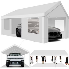 HOTEEL Carport 12x20 ft Heavy Duty Car Canopy with Roll-up Windows Portable Garage with Removable Sidewalls & Door, Outdoor Canopy Carport Portable Car Tent Garage Car Canopy with Steel Frame, Gray