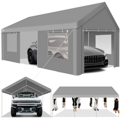 HOTEEL Carport 12x20 ft Heavy Duty Car Canopy with Roll-up Windows Portable Garage with Removable Sidewalls & Door, Outdoor Canopy Carport Portable Car Tent Garage Car Canopy with Steel Frame, Gray