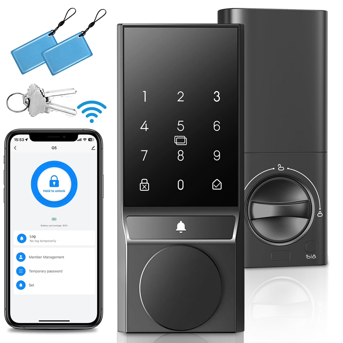 HOTEEL Smart Door Lock G5 5-in-1 Keyless Entry Door Lock With Touchscreen Keypad, Weatherproof, APP Remote Control&Wi-Fi&Doorbell, For Home,Apartment,Office and Garages,Black
