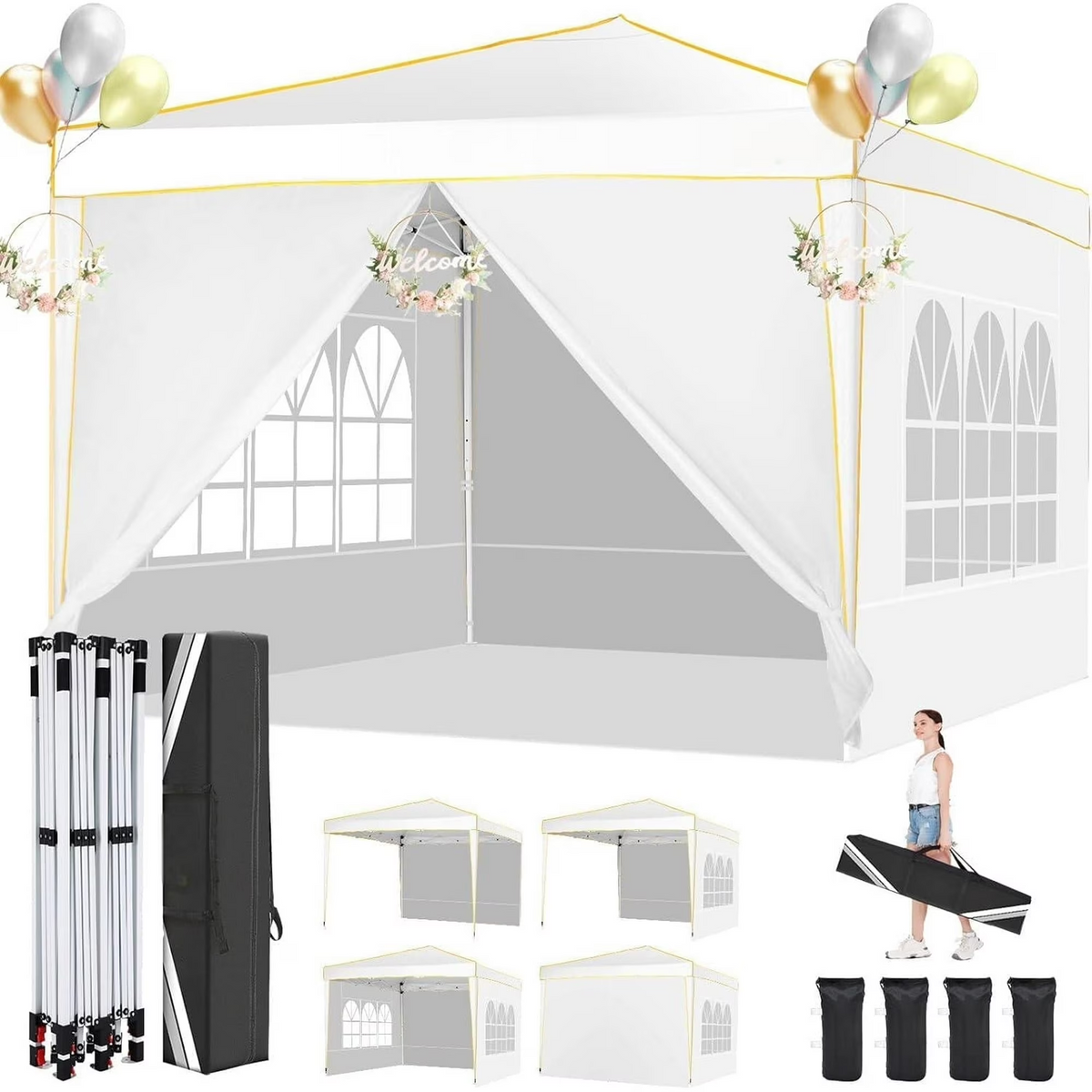 HOTEEL 10x10 Pop up Canopy with Sidewalls,Waterproof Tent for Parties Wedding Event,Instant Outdoor Gazebos with Carry Bag,Stakes,Ropes & Sandbags
